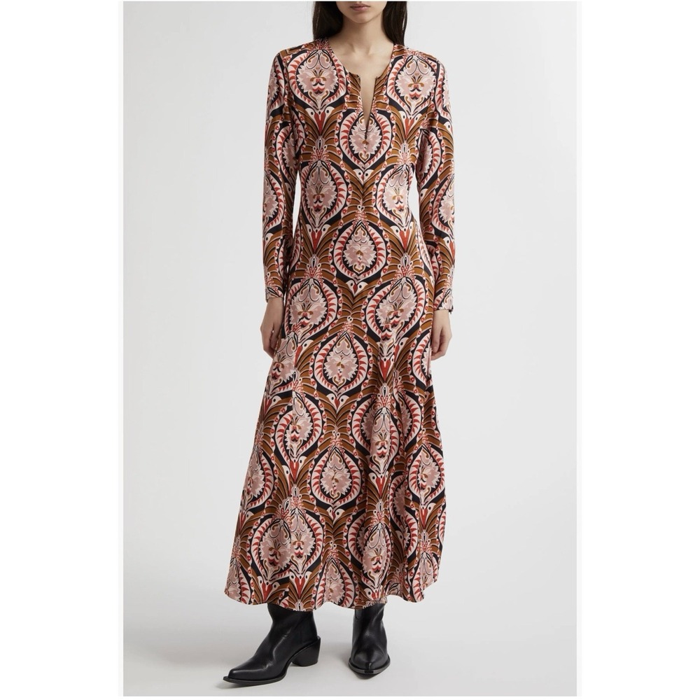 Farm Rio Pineapple Jewelry Maxi Dress Long Sleeve Boho Print Size Small NWT